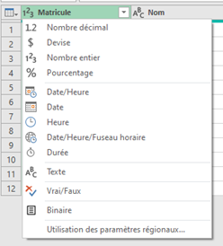 menu des formats